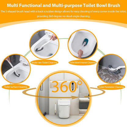 Curved Toilet Brush and Holder Set 2 Pack - Under Rim Toilet Bowl Scrubber with S-Shaped Brush Head & Back Scrubber, Compact Wall Mounted Toilet Cleaning Brush for Bathroom (White)