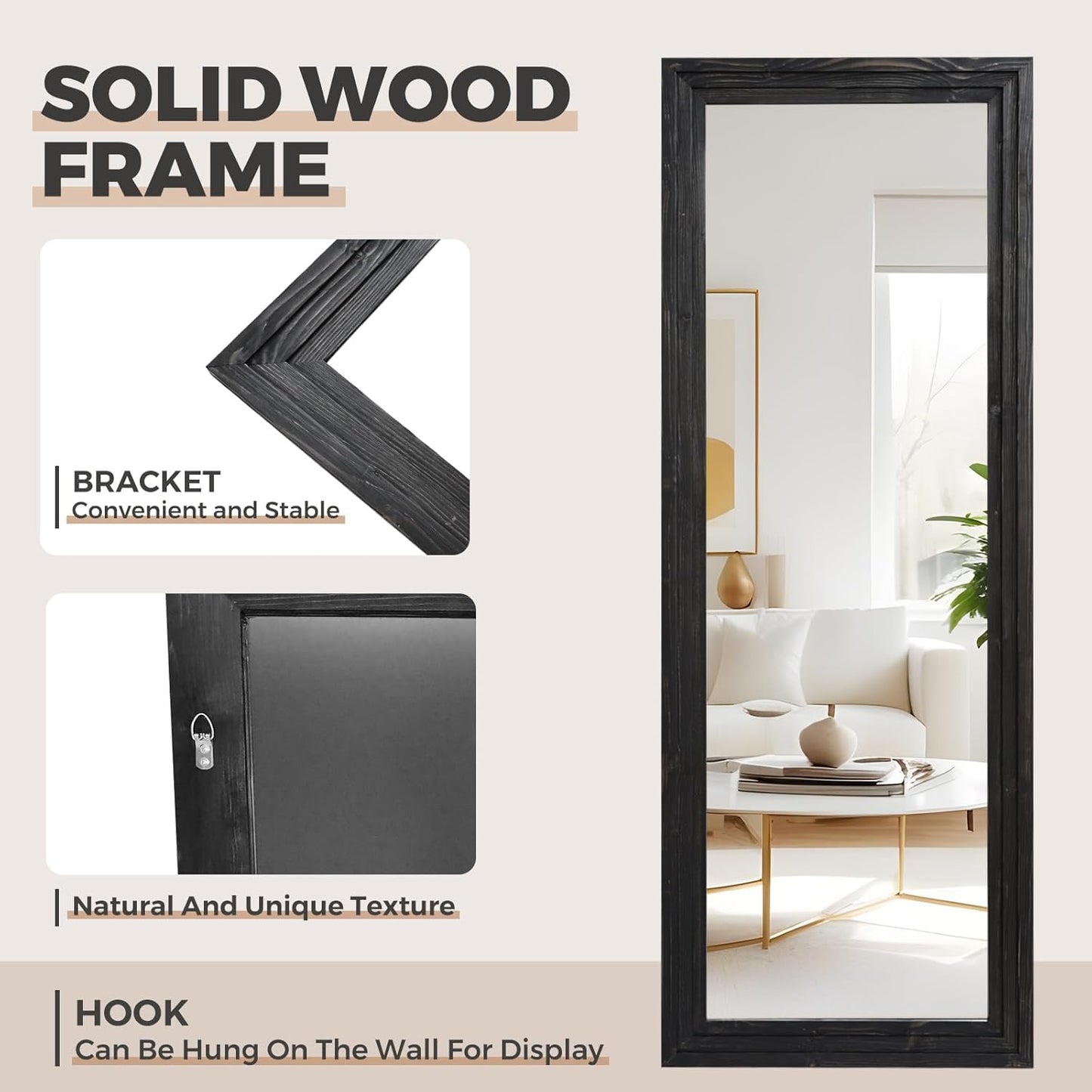 65"x22" Full Length Mirror Solid Wood Frame Floor Mirror with Stand for Living Room, Bedroom Hanging Standing or Leaning, Brown