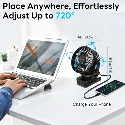 ELZO 12000mAh Clip on Fan, USB Desk Fan Rechargeable with LED Light & Hanging Hook & Magnetic (Black)