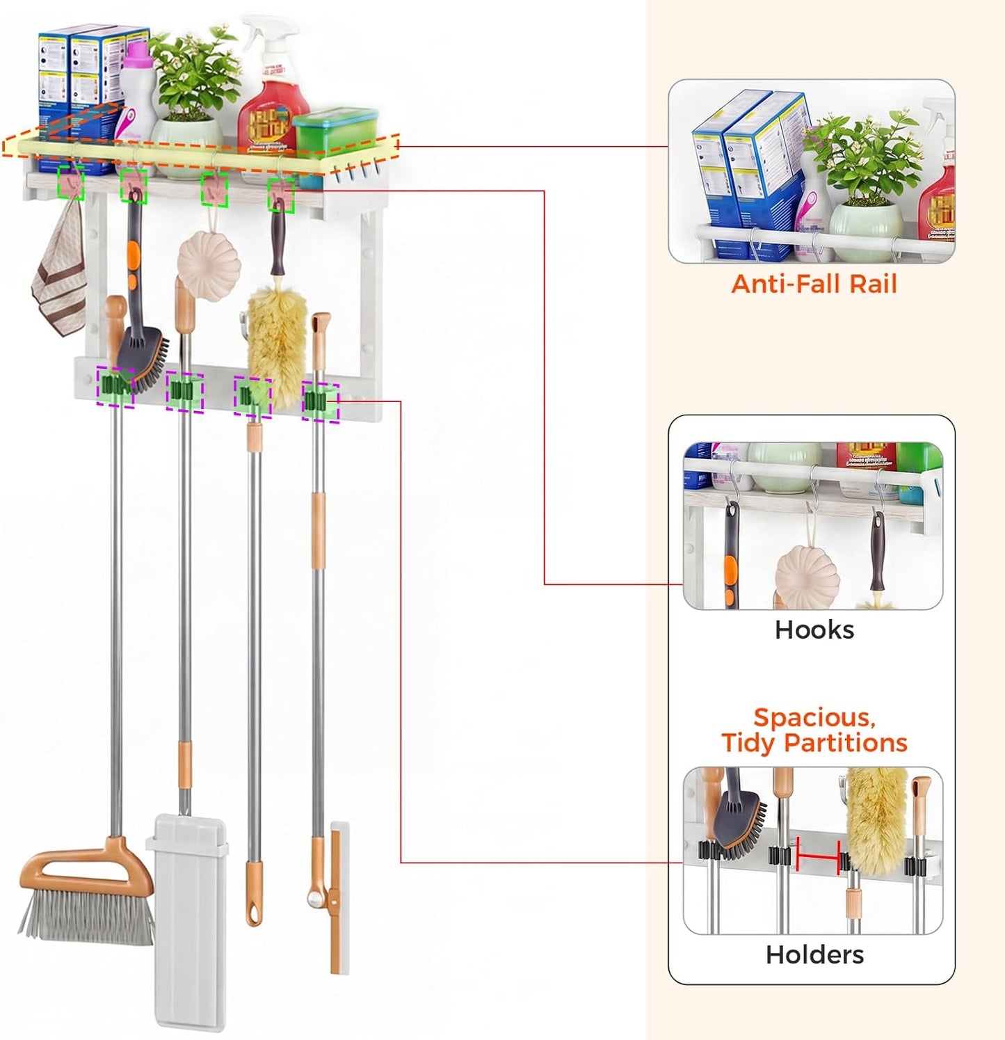 Broom Holder Wall Mount with Shelf,Broom Hanger,3 in 1 Broom and Mop Organizer Wall Hanging for Laundry,Garage,Utility,Broom Rack,Vacuum Stand Alternative,Cleaning Supplies Organizer Storage,White,L