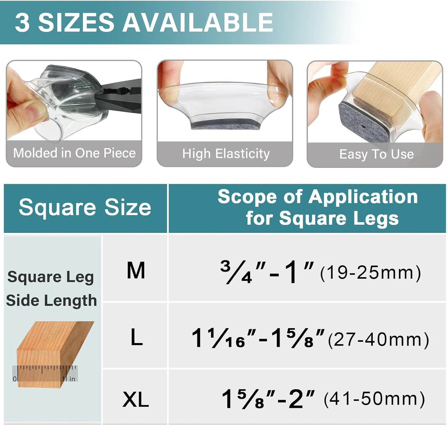Ansible 24 Pcs Chair Leg Floor Protectors Square, Silicone Felt Furniture Leg Pads Caps Covers for Hardwood Floors (Fit:1-1/16" to 1-5/8")