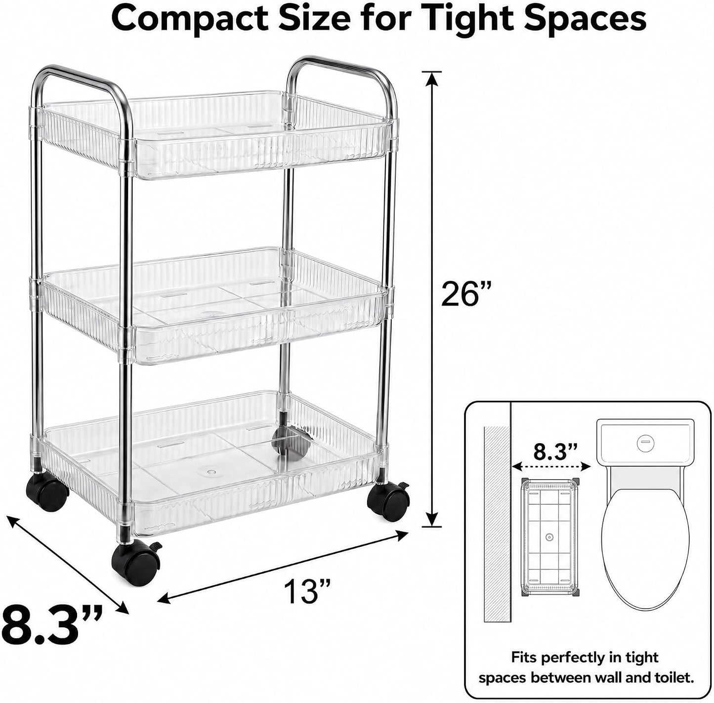 3 Tier Rolling Cart with Lockable Wheels, Clear Acrylic Slim Utility Cart, 13" x 8.3" x 26" Narrow Storage Organizer for Bathroom, Kitchen, Office - Lightweight & Tool-Free Assembly (Clear)