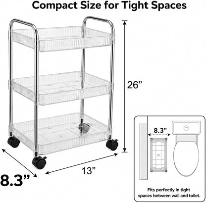 3 Tier Rolling Cart with Lockable Wheels, Clear Acrylic Slim Utility Cart, 13" x 8.3" x 26" Narrow Storage Organizer for Bathroom, Kitchen, Office - Lightweight & Tool-Free Assembly (Clear)