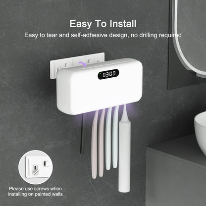 UV-C Toothbrush Sanitizer Case, Dual Light Cleaner Cover with Clear Window, USB-C Rechargeable Travel Holder for Electric and Manual Brushes, White