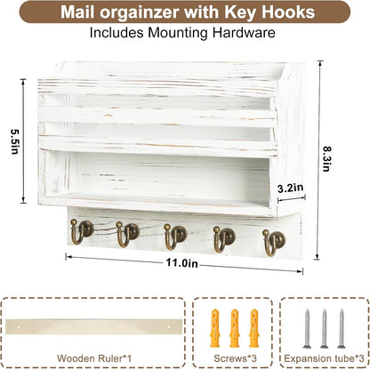 Mail and Key Organizer for Wall – Key Holder Wall Mount with Storage Box and 5 Key Hooks, Mail Holder Wall Mounted for Entryway, Apartment, Office, Home Decor Organization (Brown)