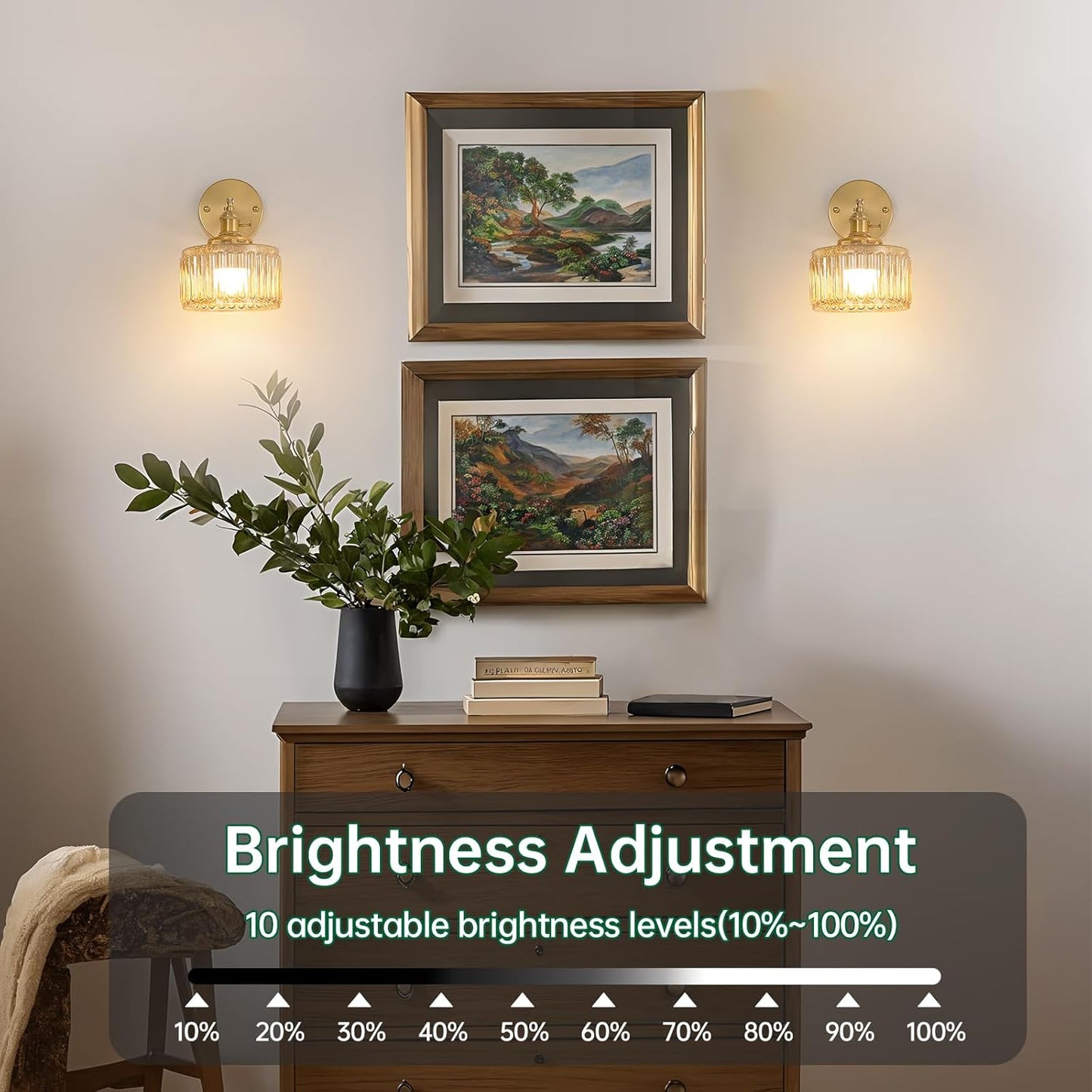Shenmoyl Vintage Battery Operated Wall Sconce with Clear Striped Glass Lampshade 5000 mAh Rechargeable Battery Powered Wall Light with Remote Control for Bedside Bedroom Doorway, Set of 2