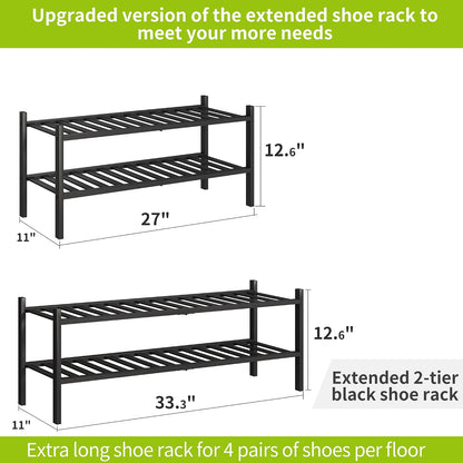 BMOSU 2-Tier Bamboo Small Shoe Rack Premium Stackable Shoe Shelf Storage Organizer for Hallway Closet Living Room Entryway Organizer (Black Bamboo)