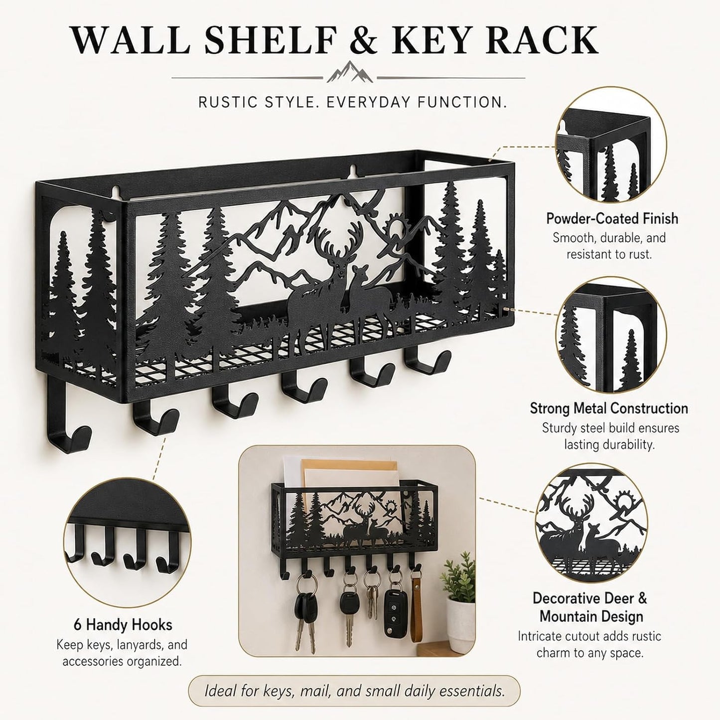 Deer Mountain Metal Key Holder Wall Mount Key Holder for Wall Rustic Cabin Decor Key Rack Hooks Hanger Woodland Wildlife Wall Art Entryway Organizer Housewarming Hunting Gifts