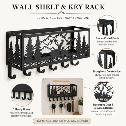 Deer Mountain Metal Key Holder Wall Mount Key Holder for Wall Rustic Cabin Decor Key Rack Hooks Hanger Woodland Wildlife Wall Art Entryway Organizer Housewarming Hunting Gifts