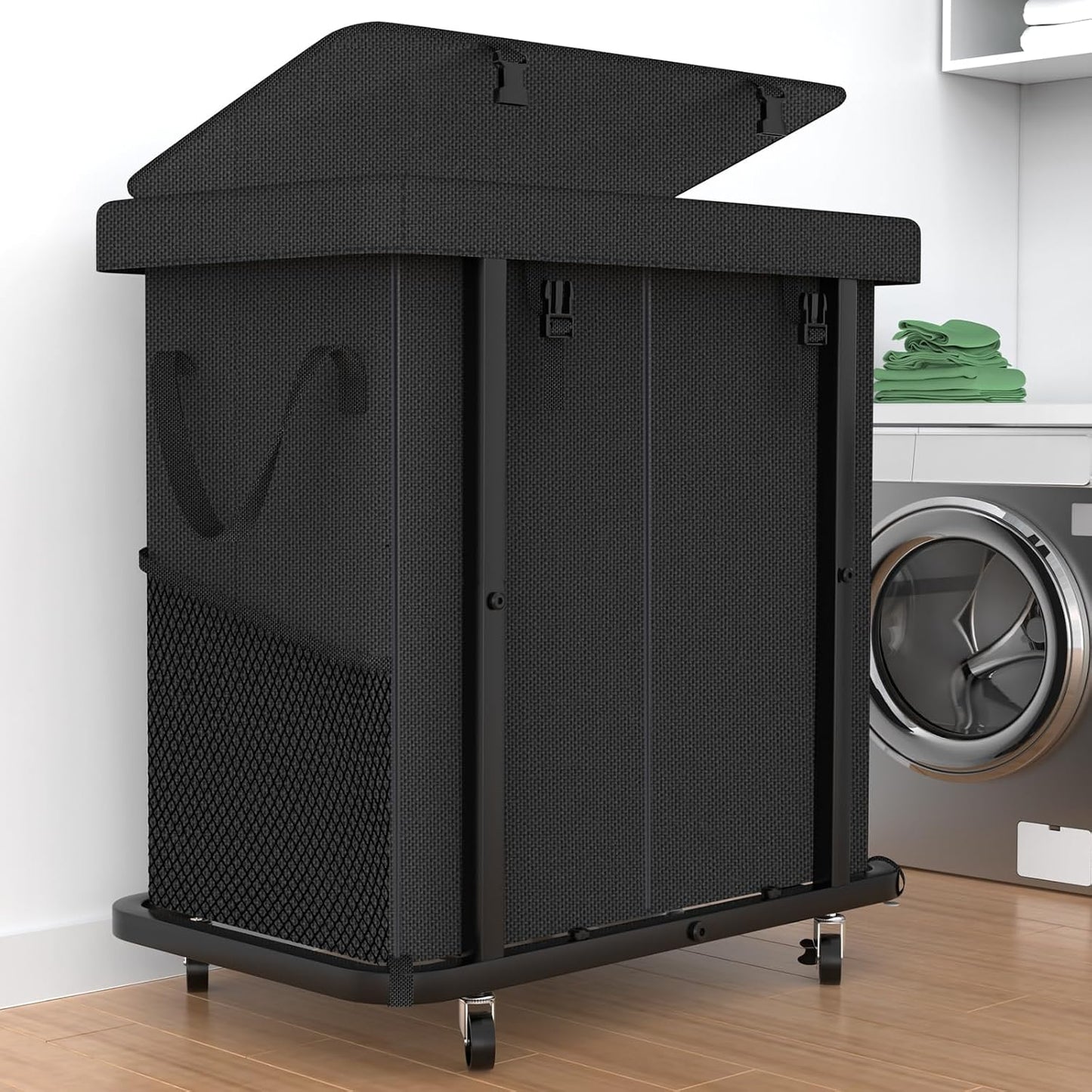 60 Gal(230L) Laundry Basket with Lid, Rolling Laundry Hamper with Wheels, Dirty Clothes Hamper with Metal Frame and Removable Bag Design, Suitable for Laundry Room, Bedroom (Black, 3 Section 230L)