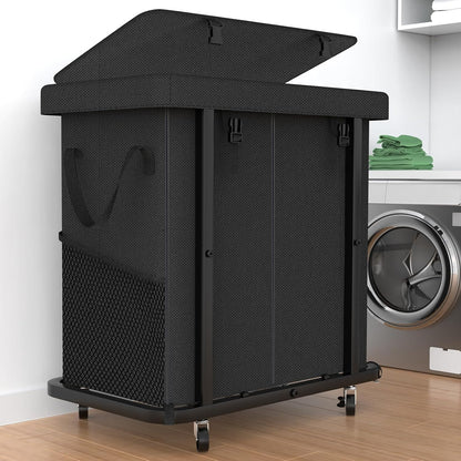 60 Gal(230L) Laundry Basket with Lid, Rolling Laundry Hamper with Wheels, Dirty Clothes Hamper with Metal Frame and Removable Bag Design, Suitable for Laundry Room, Bedroom (Black, 3 Section 230L)