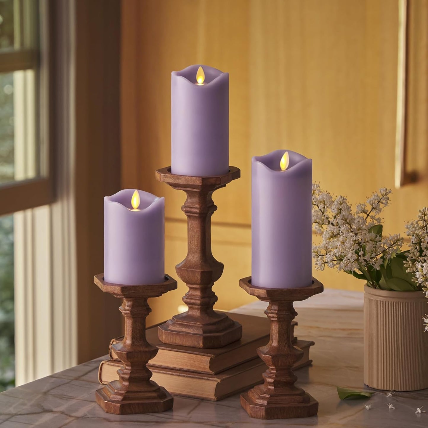 Matchless Candle Co. by Luminara Set of 3 Flameless LED Flickering Moving Flame Pillars (3" x 4.5", 5.5", 6.5"), Melted Unscented Real Wax Edge w/Smooth Finish, AA Battery Operated, Pearl Ivory