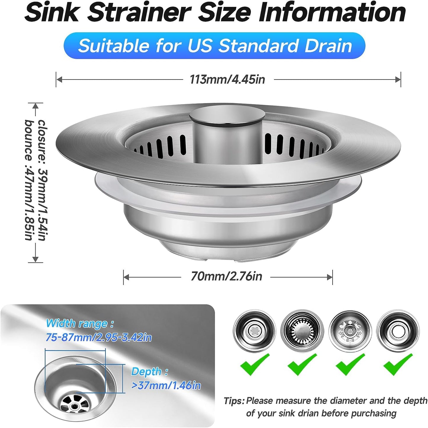 ULIOLI 3 in 1 Kitchen Sink Drain Strainer Sink Stopper, Stainless Steel Sink Drain Strainer with Anti-Clogging Basket, Kitchen Sink Drain Filter Plug for US Standard 3-1/2 Inch Drain (1Pack)