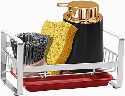 Kitchen Sponge Holder for Sink, Kitchen Sink Caddy Organizer, Sink Tray Drainer Rack, Dish Rags Brush Soap Storage Countertop with Removable Front Drain Pan - Black