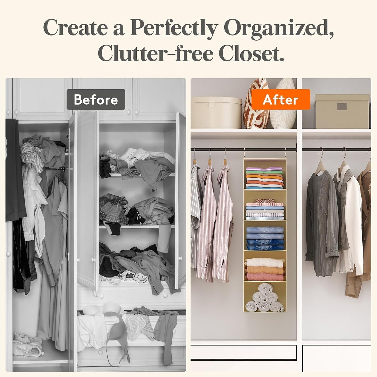 Lifewit 5 Tier Hanging Closet Organizer and Storage for Shelves, Foldable Clothes Shelf with 2 Sturdy Hooks, Sweater/Coat/Shoes Clothing Organization for Wardrobe, Dorm, Bedroom, Gray