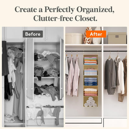 Lifewit 5 Tier Hanging Closet Organizer and Storage for Shelves, Foldable Clothes Shelf with 2 Sturdy Hooks, Sweater/Coat/Shoes Clothing Organization for Wardrobe, Dorm, Bedroom, Gray