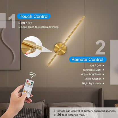 TaoFiaCo Battery Operated Wall Sconces Set of Two,Rechargeable Wall Sconces Set of 2 with Remote Control Dimmable Wall Light Decor for Living Room, Bathroom for, 24 Inch, Gold
