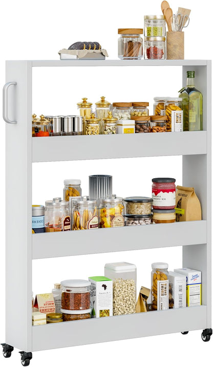 Slim Storage Cart, Lightweight 6 Tier Metal Rolling Utility Kitchen Cart on Wheels, Mobile Storage Shelving Unit Organizer for Bathroom Laundry Office Narrow Places (White, 6" D)