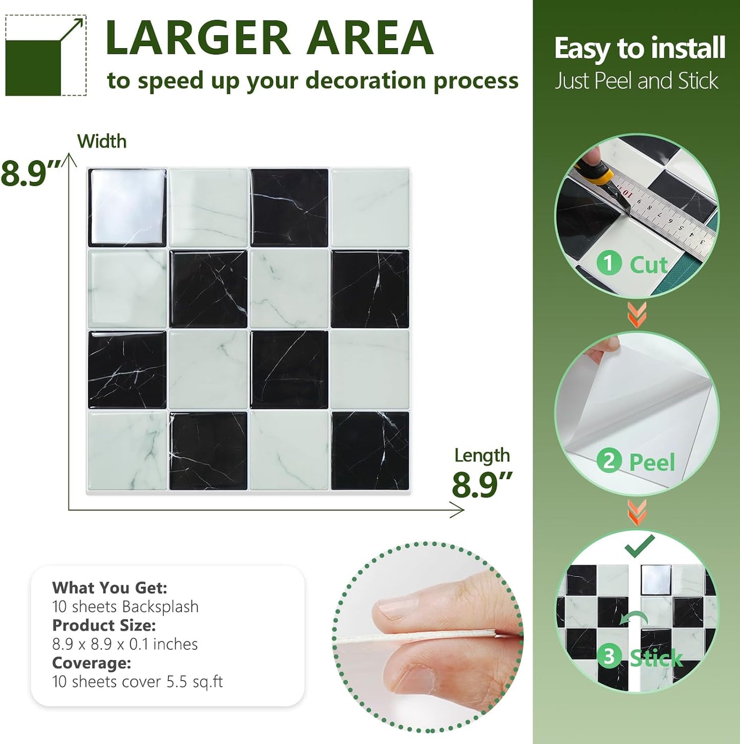 STICKGOO 10 Sheets Peel and Stick Backsplash - 9" x 9" 4D Adhesive Peel and Stick Tile Backsplash for Kitchen&Bathroom