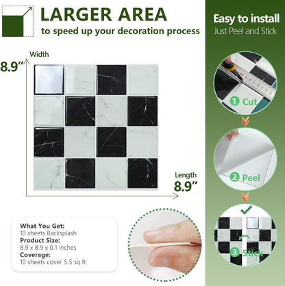 STICKGOO 10 Sheets Peel and Stick Backsplash - 9" x 9" 4D Adhesive Peel and Stick Tile Backsplash for Kitchen&Bathroom