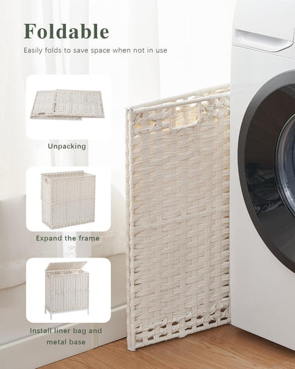 SETVSON Laundry Hamper with Lid 132 L, (35 Gallons) Clothes Hamper with Lid, Handwoven Rattan Laundry Hamper with Metal Heightened Feet, Laundry Hampers with 3 Removable Liner Bags for Laundry-Natural