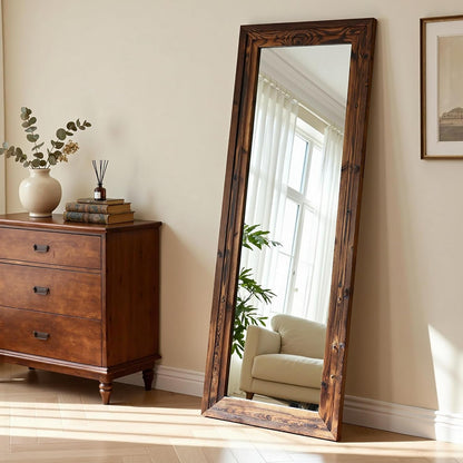 Full Body Mirror with Wooden Frame,Full Length Standing Floor Mirror for Farmhouse, Bathroom, Bedroom Decor, Hanging or Leaning Wall-Mounted,Brown