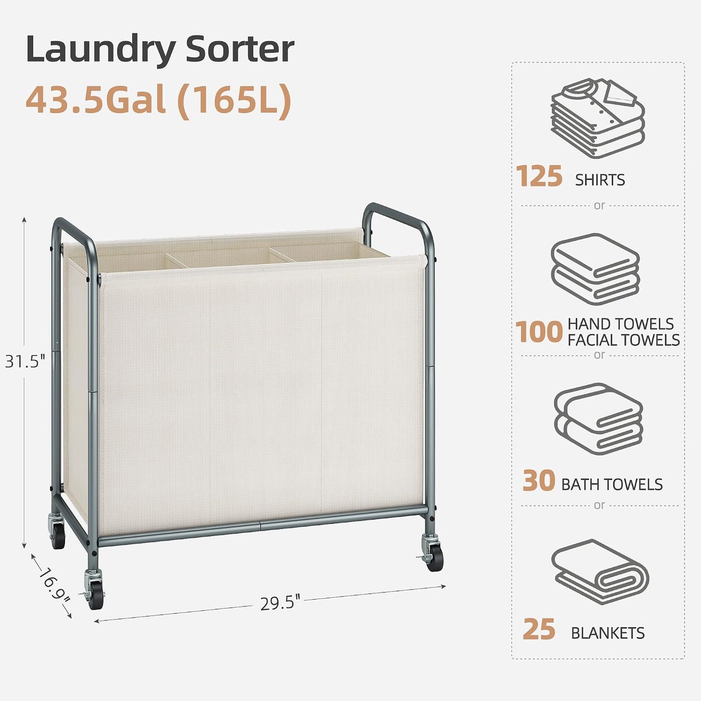 STORAGE MANIAC Rolling Laundry Hamper, 165L Laundry Basket with Lockable Wheels, Triple Clothes Sorter Cart, 3 Bag Clothes Separator Hamper for Closet, Bathroom, Laundrys Room, 3 Section Beige