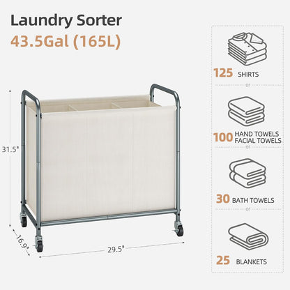 STORAGE MANIAC Rolling Laundry Hamper, 165L Laundry Basket with Lockable Wheels, Triple Clothes Sorter Cart, 3 Bag Clothes Separator Hamper for Closet, Bathroom, Laundrys Room, 3 Section Beige