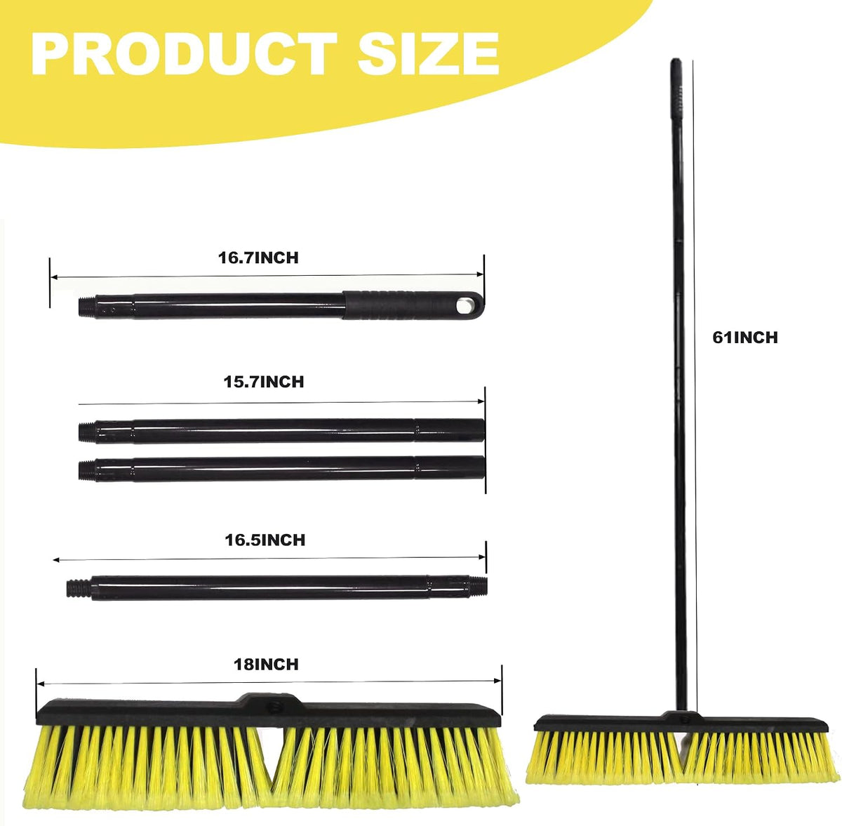 18" Heavy Duty Push Broom - 61" Adjustable 4-Section Metal Handle Stiff Flagged Hard Bristles Indoor Outdoor Floor Broom for Garage Patio Concrete Deck Shop Warehouse (Yellow, 18inches Wide)