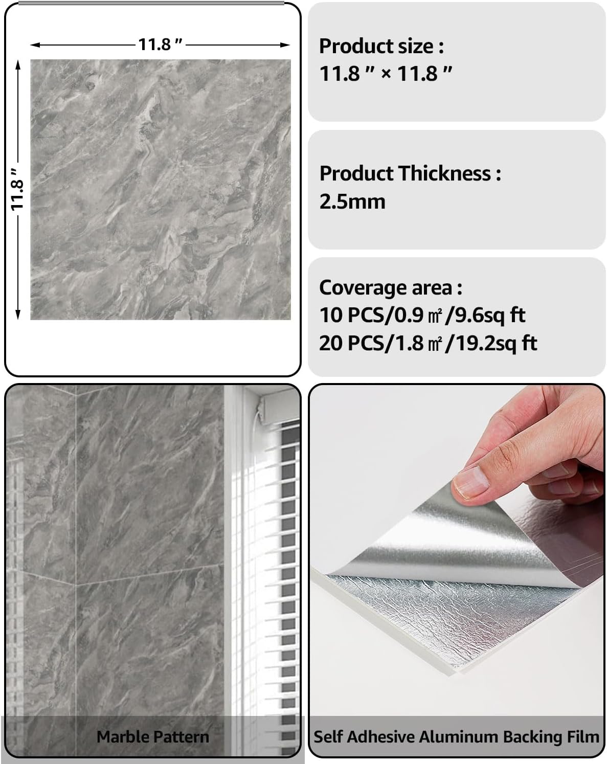 WADILE 10pcs Peel and Stick Shower Waterproof Marble Tiles Wall Panels, 11.8"x11.8" Self-Adhesive Backsplash, for Home Bathroom, Kitchen, Living Room White (Not Real Tile)