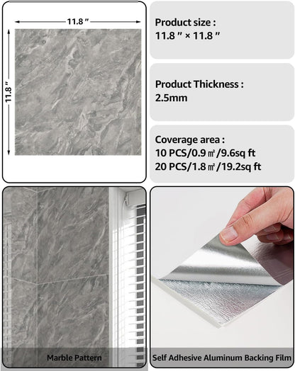 WADILE 10pcs Peel and Stick Shower Waterproof Marble Tiles Wall Panels, 11.8"x11.8" Self-Adhesive Backsplash, for Home Bathroom, Kitchen, Living Room White (Not Real Tile)