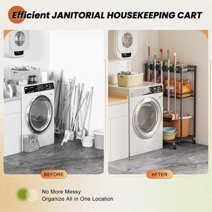 Olakee Taller Broom Holder with Cleaning Supplies Organizer, Broom Closet Storage Cabinet with Mop Hanger Gripper Rack Hooks, Housekeeping Janitorial Cart with Cleaning Caddy, Garage Home Improvement