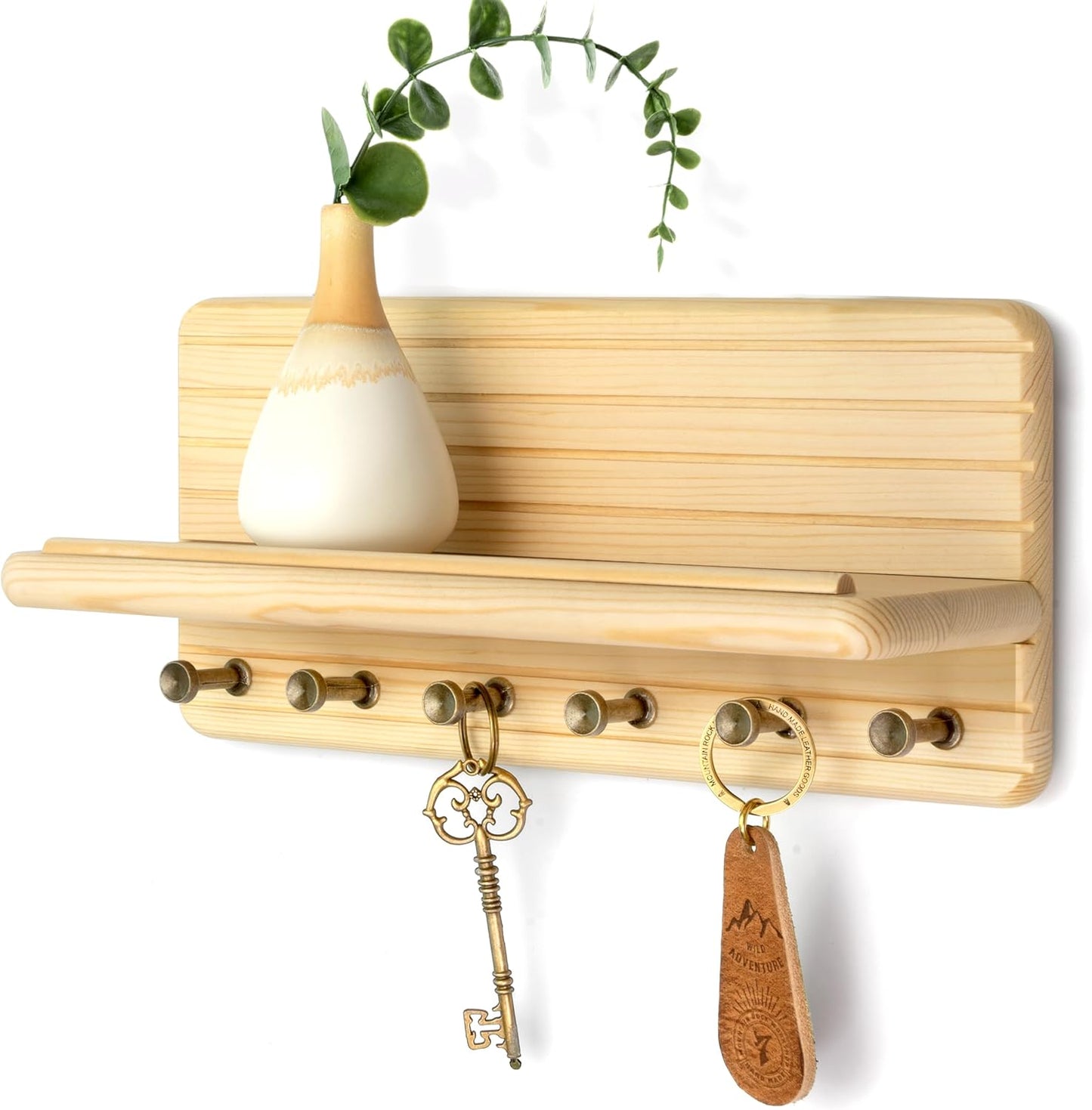 Rebee Vision Farmhouse Key Holder Wall Mount for Home Decor – Decorative Pine Wooden Key Holder for Wall with 6 Hooks & Floating Shelf - Rustic Charm for Room Decor Aesthetic (Brown)