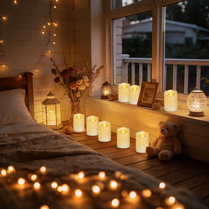 Outdoor Indoor Flameless Candles, Patented 3D Dual-LED, Set of 6 Slanted Top Durable Plastic Pillars with 2 Remotes & Timer, Non-Melting Waterproof Battery Candles for Patio Garden (Ivory)