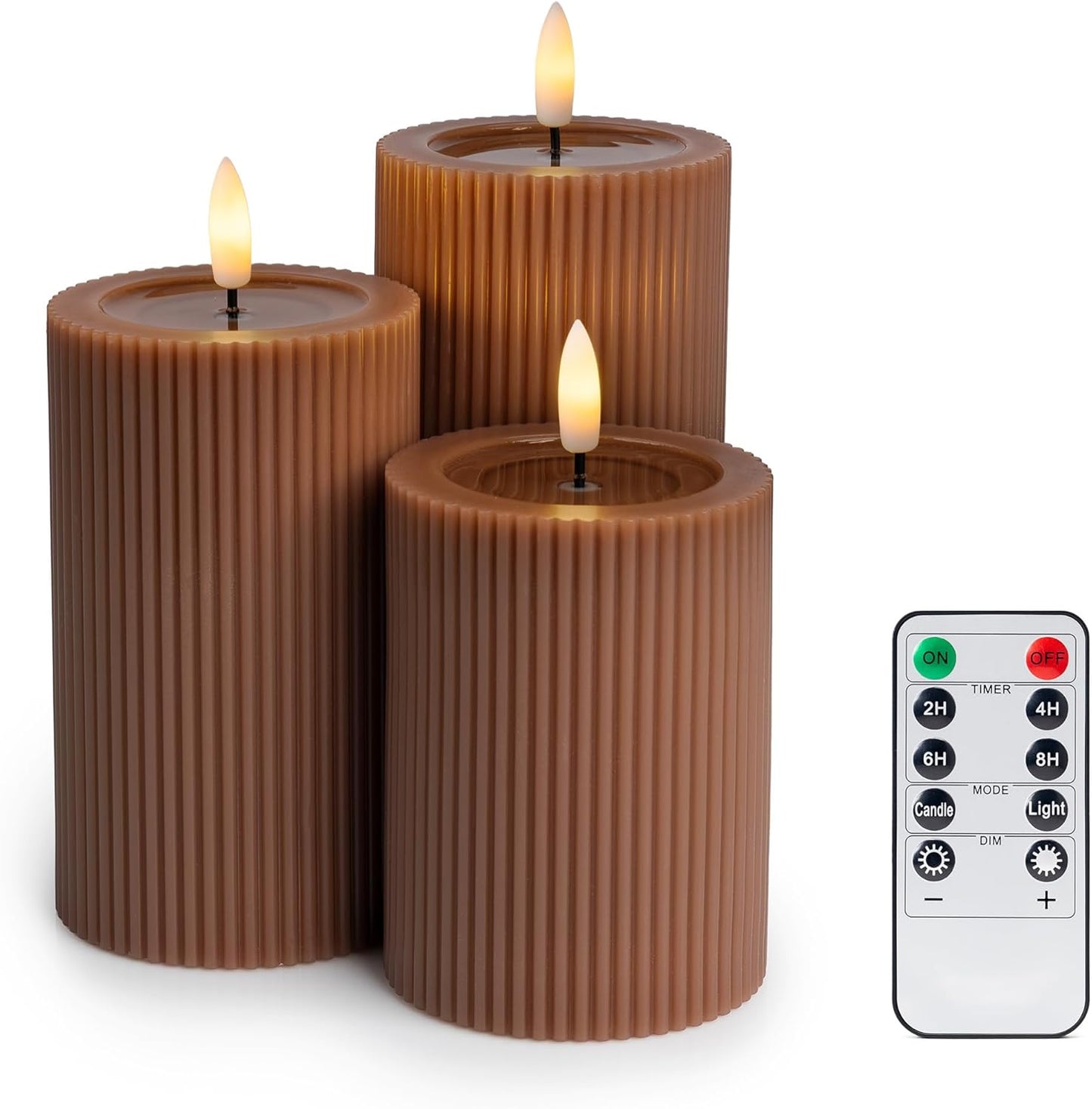 Fluted Ribbed LED Pillar Candles, Cream Beige, with Reflective Melted-Wax Effect – Flickering Flame, Remote, Dimmable, Flameless, Battery Operated, Home & Wedding Decor (Set of 3)