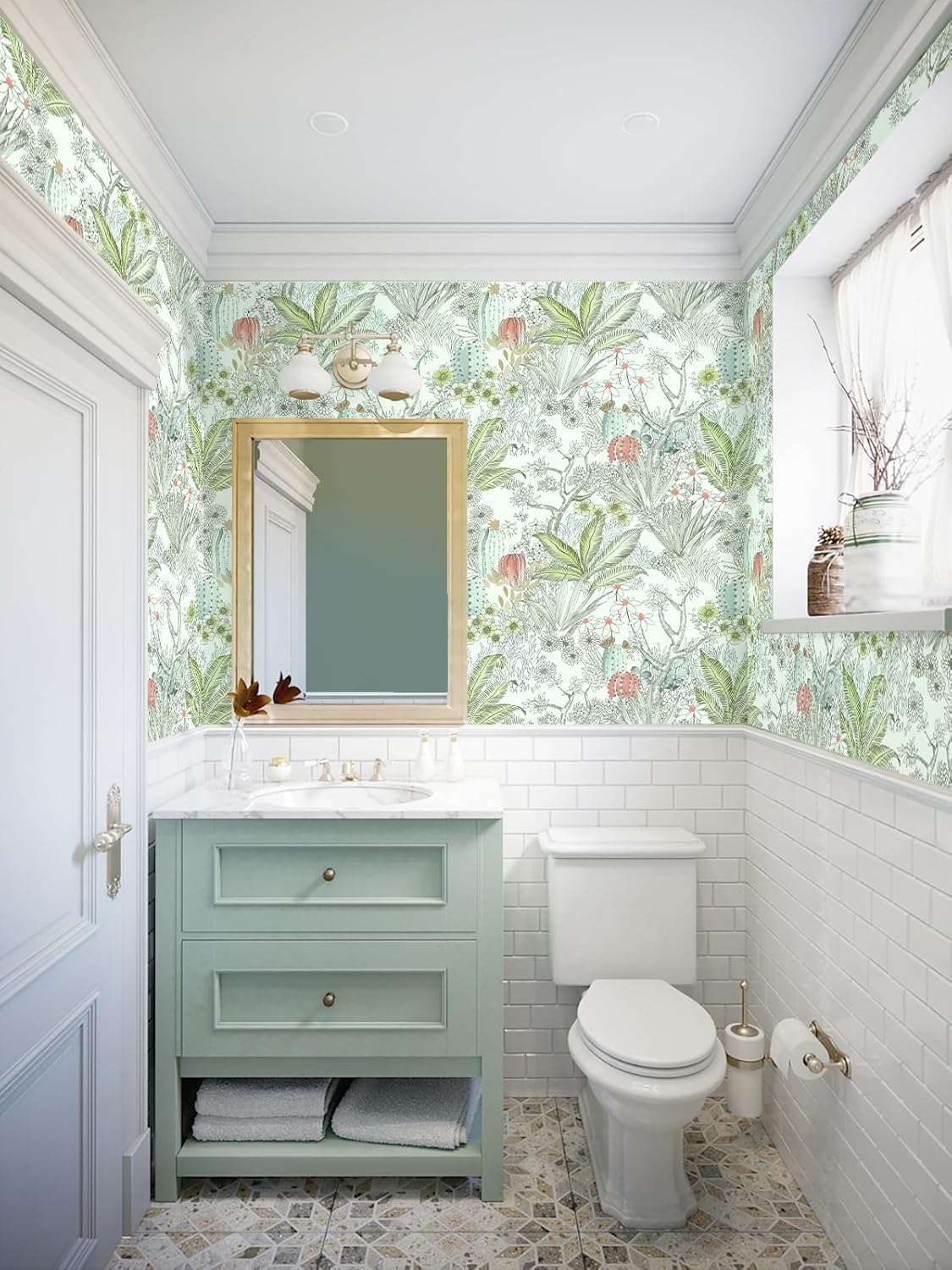 Wudnaye Boho Peel and Stick Wallpaper Catus Wallpaper 17.7" x 118.1"Vintage Floral Wallpapers Peel and Stick Botanical Removable Wall Paper Boho Self Adhesive Contact Paper for Bathroom Cabinets