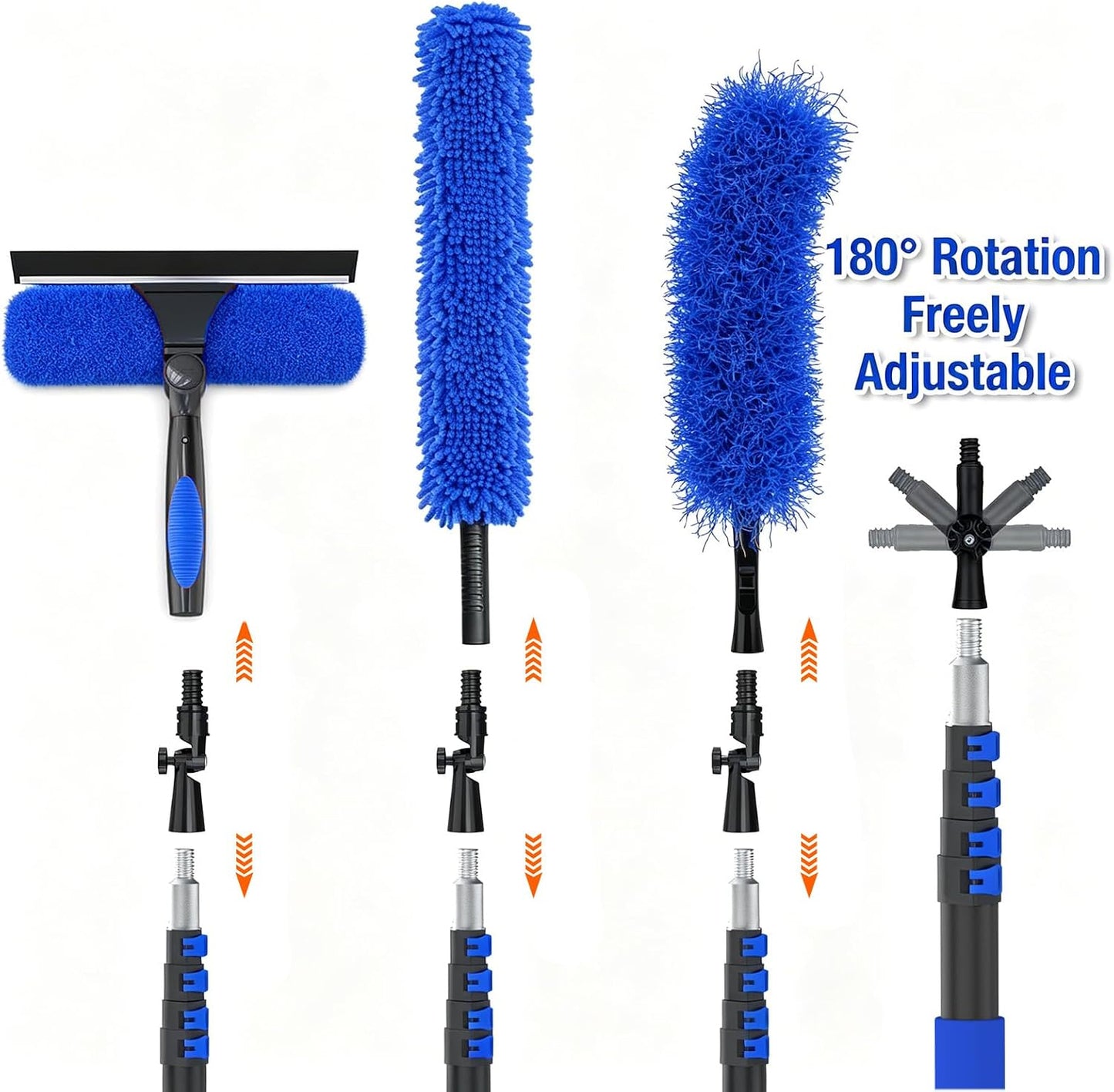 30FT Reach Duster Kit, Window Cleaning with 5-24FT Telescoping Extension Pole, High Ceiling Duster, Microfiber Feather Duster, Cobweb Duster, Window Squeegee, Feather Duster, Extendable Pole Kit