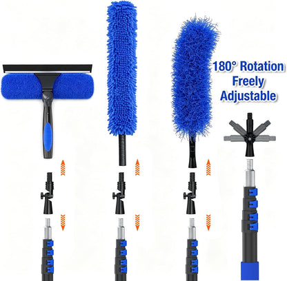 30FT Reach Duster Kit, Window Cleaning with 5-24FT Telescoping Extension Pole, High Ceiling Duster, Microfiber Feather Duster, Cobweb Duster, Window Squeegee, Feather Duster, Extendable Pole Kit