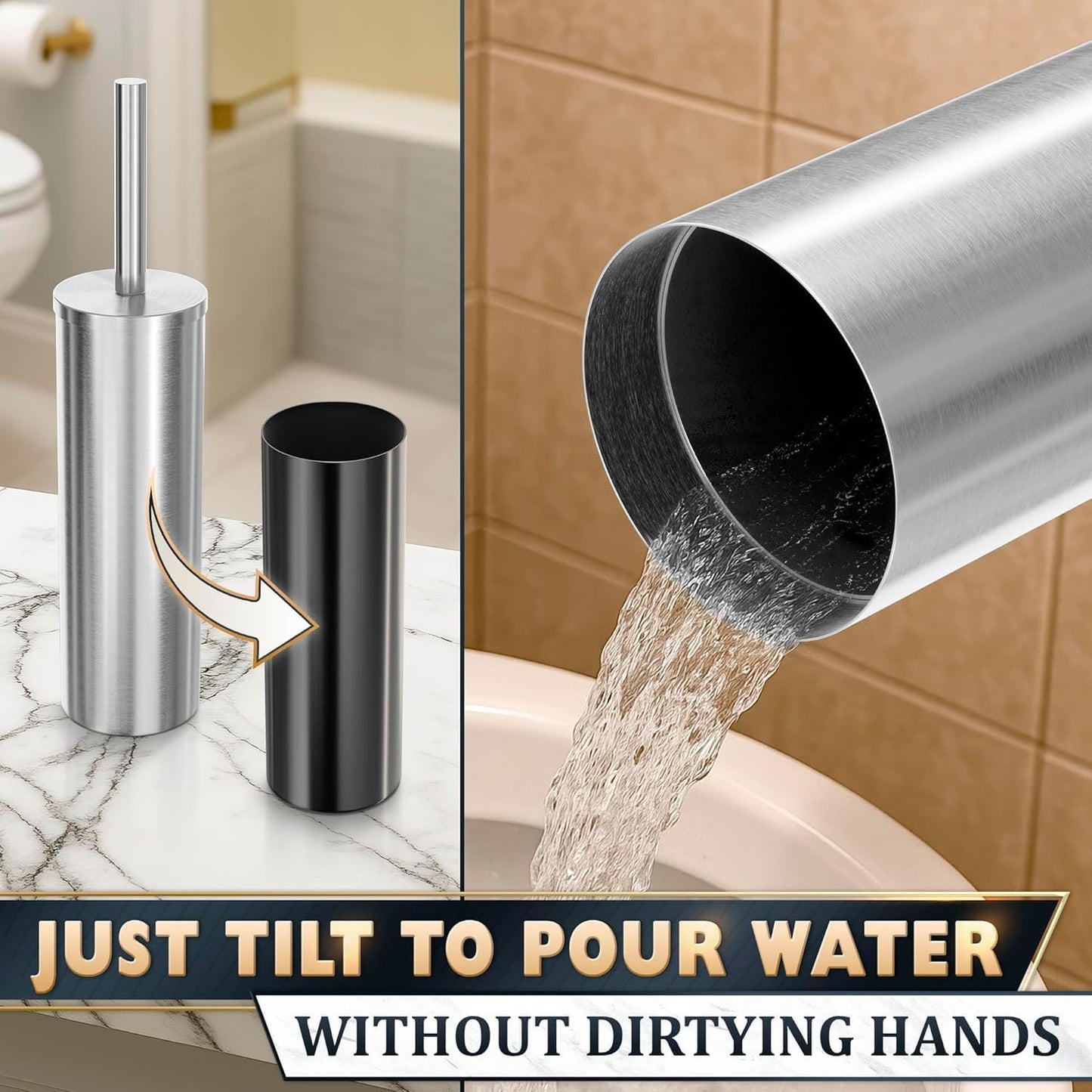 Black Toilet Brush and Holder Set - Slim Matte Design that Fits Anywhere - Stainless Steel Toilet Bowl Brush and Holder with 2 Rounded Corners, Replaceable Head, Removable Inner Bowl & Splash Guard
