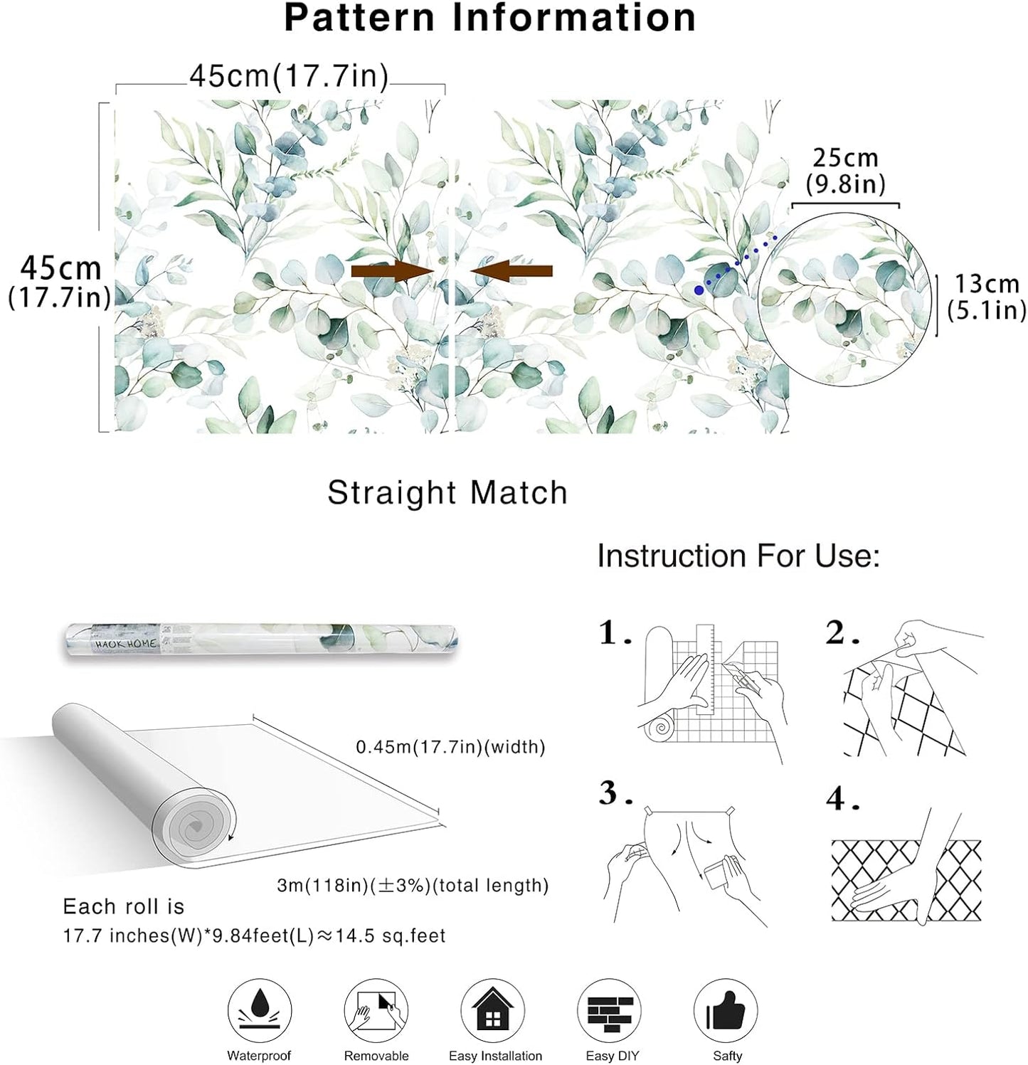 HAOKHOME Peel and Stick Wallpaper Boho Green/White Botanical Leaf Floral Wall Mural Home Nursery Decor Renter Friendly Wallpaper 17.3in x 9.8ft