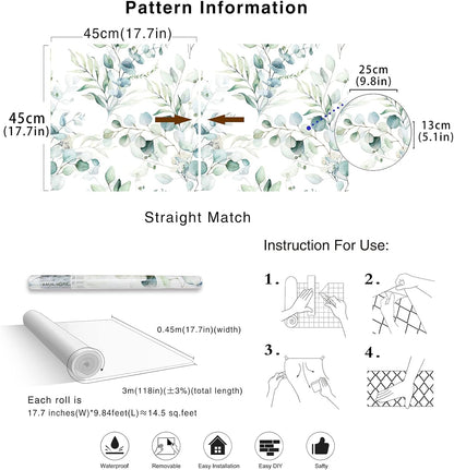 HAOKHOME Peel and Stick Wallpaper Boho Green/White Botanical Leaf Floral Wall Mural Home Nursery Decor Renter Friendly Wallpaper 17.3in x 9.8ft