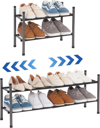 STORAGE MANIAC Expandable Shoe Rack for Closet, 8 Pairs Stackable Small Shoe Rack, Metal Adjustable Shoes Organizer for Entryway, Hallway, Garage, Front Door, Shoes Shelves, Black 2 Tier