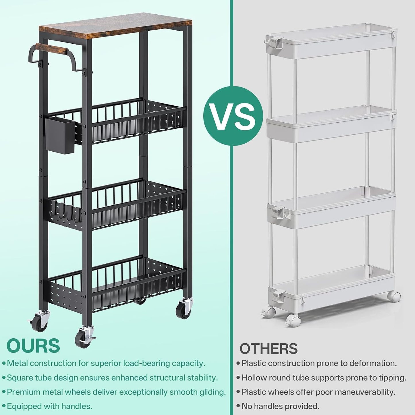 DTUQYX Slim Bathroom Storage Cart, 4 Tier Small Rolling Organizer Cabinet with Wood Top Handle, Mobile Shelving Unit Slide Out for Office, Kitchen, Laundry Room & Narrow Places (9.1" W Metal Basket)