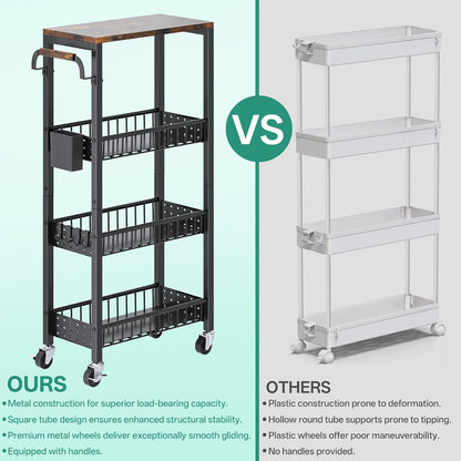 DTUQYX Slim Bathroom Storage Cart, 4 Tier Small Rolling Organizer Cabinet with Wood Top Handle, Mobile Shelving Unit Slide Out for Office, Kitchen, Laundry Room & Narrow Places (9.1" W Metal Basket)