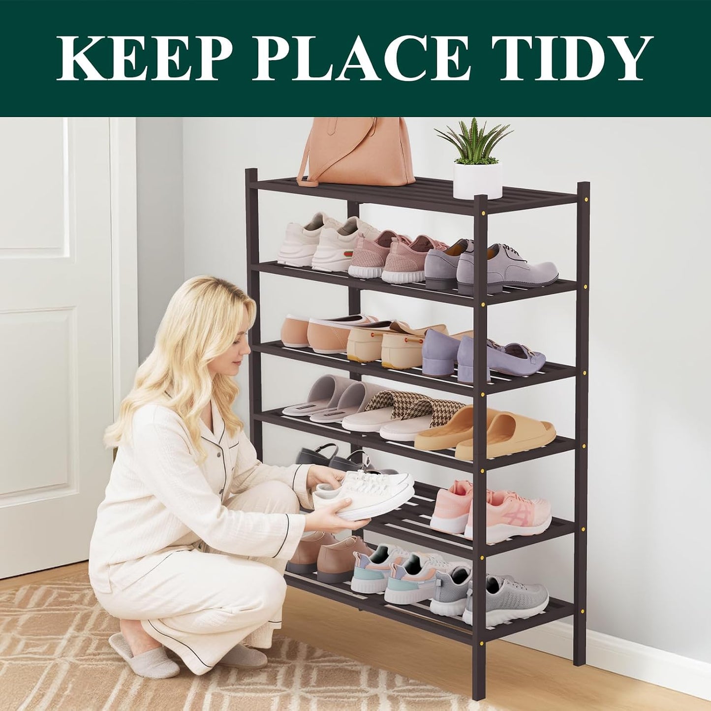 Smiry Bamboo Shoe Rack, 3 Tier Free Standing Wooden Shoe Organizer, Stackable Wood Shoe Storage Shelf for Closet, Entryway, 5 Horizontal Slats, 26.8"x11"x18.3", Natural