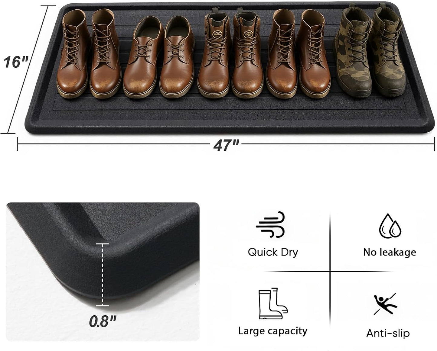 HIYARD Rubber Boot Tray for Entryway, Multipurpose Boot Mat, Shoe Tray, Shoe Mat for Indoor and Outdoor, 16x27.5, Black