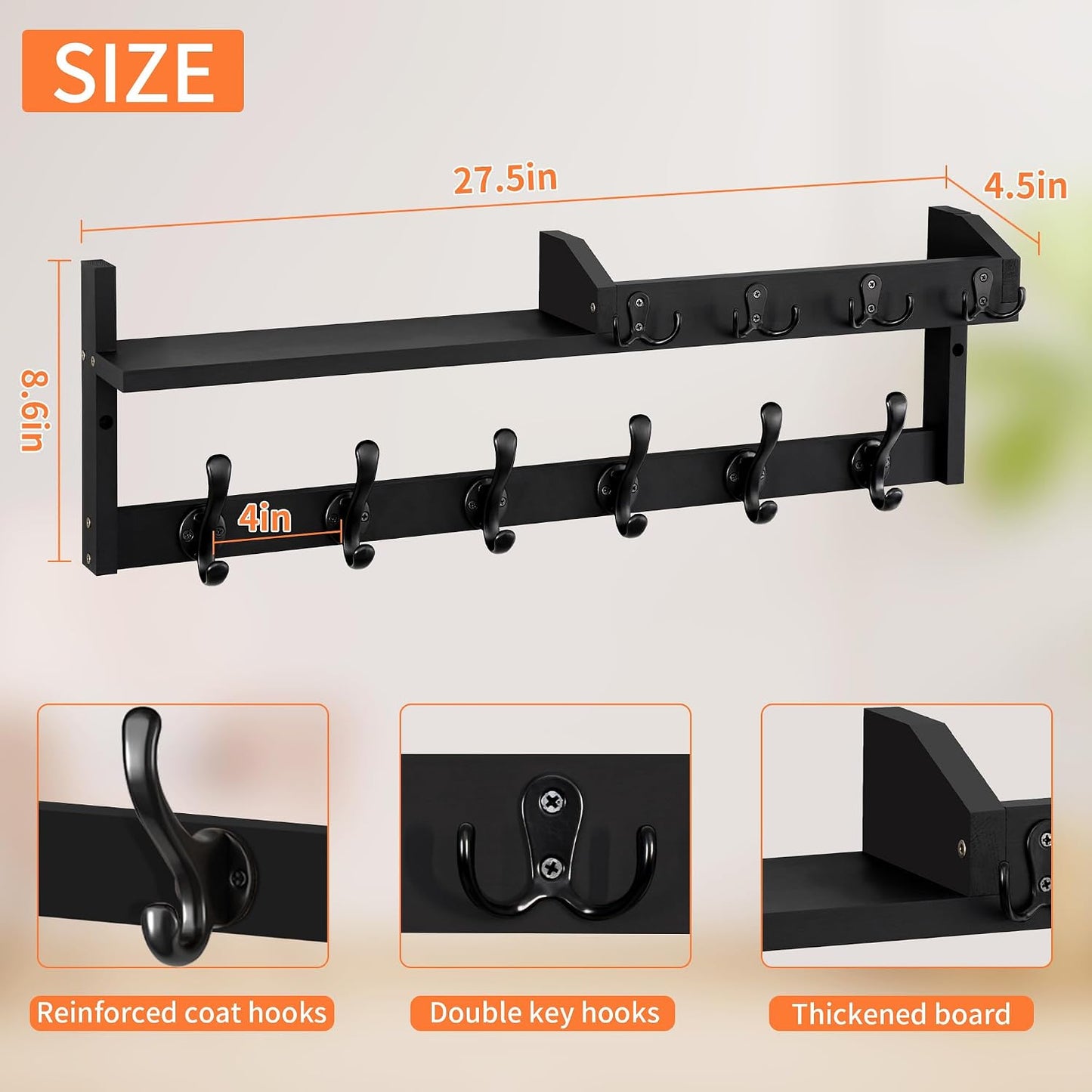 Coat Rack Wall Mount with Shelf, 27.5" Entryway Wall Hanging Shelf, Coat and Key Hanger with 10 Dual Hooks, Mail Organizer and Key Holder Hat Rack for Wall, Wood Coat Hooks with Storage