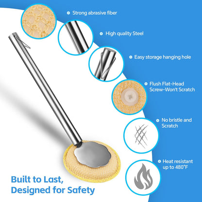 Kitchen Cleaning Brush with Handle, Non-Scratch Preserve Seasoning for Wok, Cast Iron Skillet, Pans, Oven Racks, Air Fryer, Jars - Stainless Steel Handle