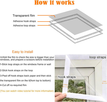 Adjustable Window Insulation Kit 47inX63in(120X160cm) for Winter Keep Cold Out,cuttable Transparent Film 180㎛ Thickness,Easy to Open for Ventilation,Reusable Plastic Window wrap