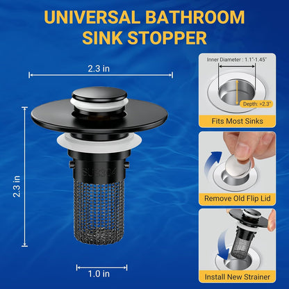 2PCS Bathroom Sink Stopper Strainer, Pop-Up Bathroom Sink Drain Strainer with Removable Stainless Steel Hair Catcher Basket, Universal Fit for US Bathroom Sinks, Bathtubs, Showers & Floor Drains